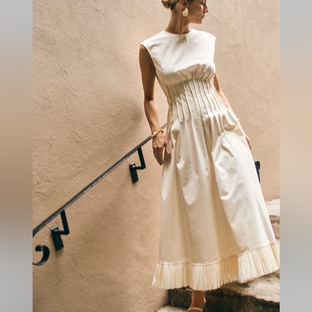 Antonio Melani x MG Style Jenny Round Neck Sleeveless Pleat A-Line Fringe Dress - Picture 3 of 6